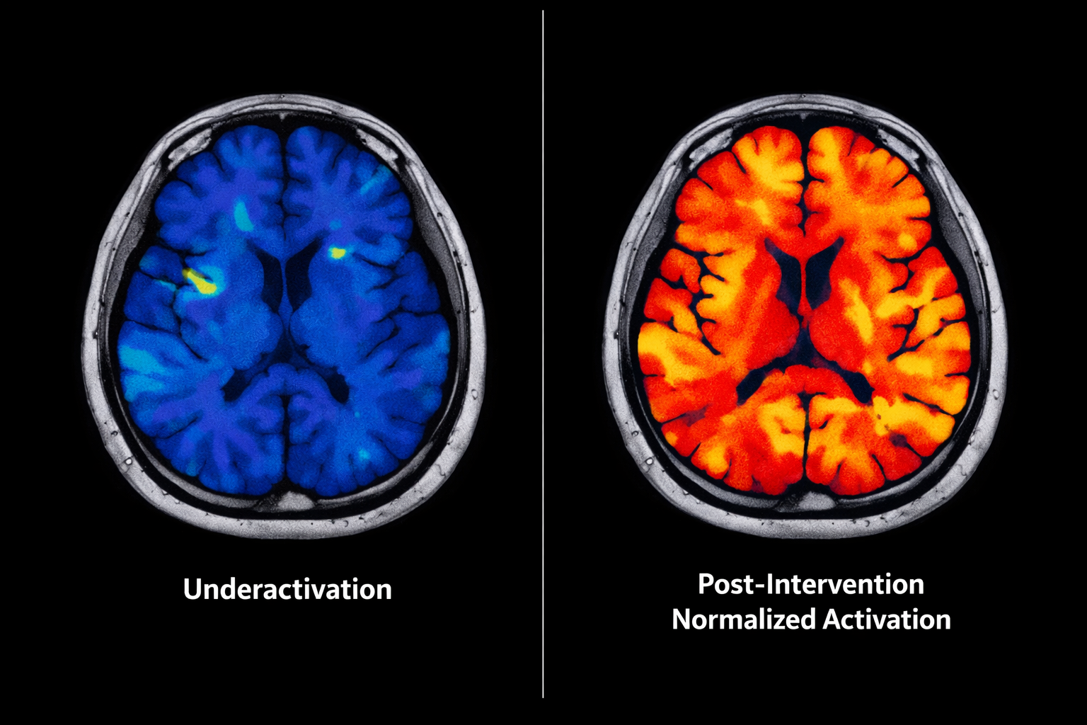 fMRI brain scan showing dyslexia PTO disconnection before and after neuroplasticity intervention