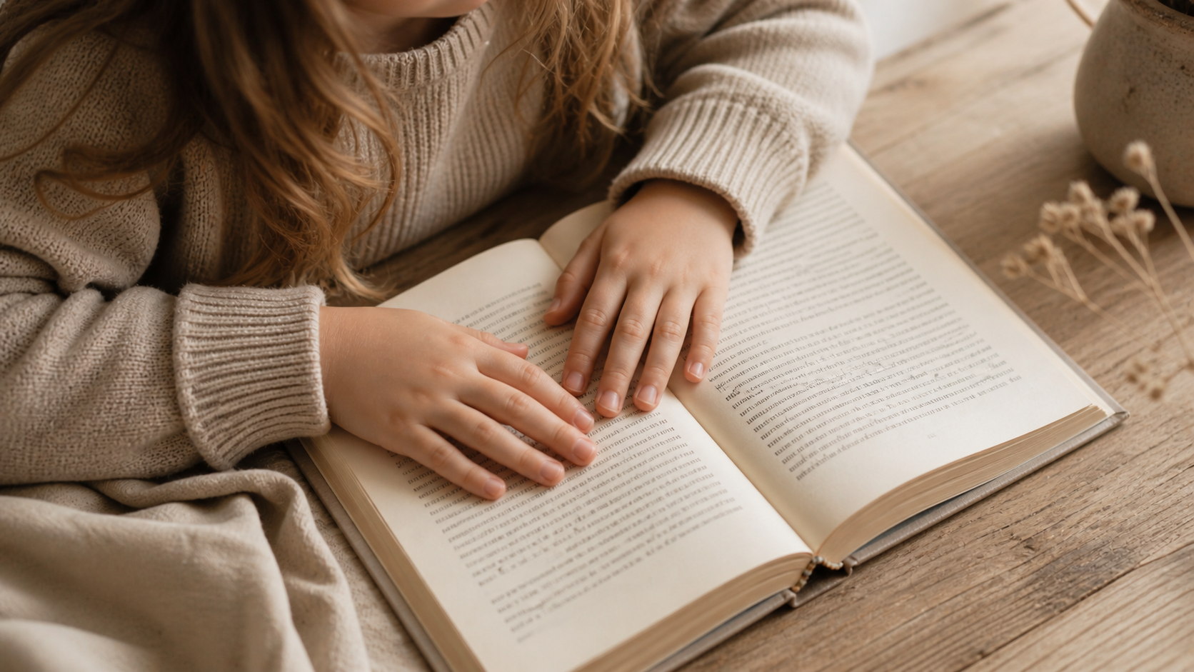 Child's hands resting on an open book, conveying calm before reading